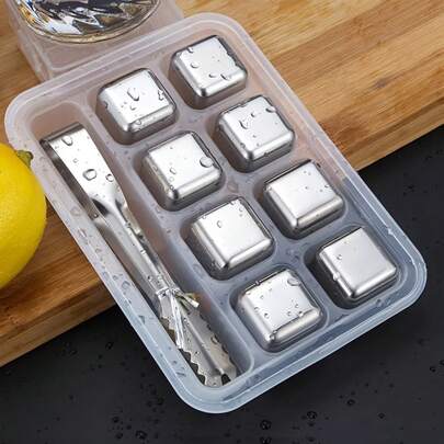 Piedras de enfriamiento de whisky de acero inoxidable, cubo de hielo reutilizable para beber, cerveza, soda, piedra de congelación rápida, embalaje con clip