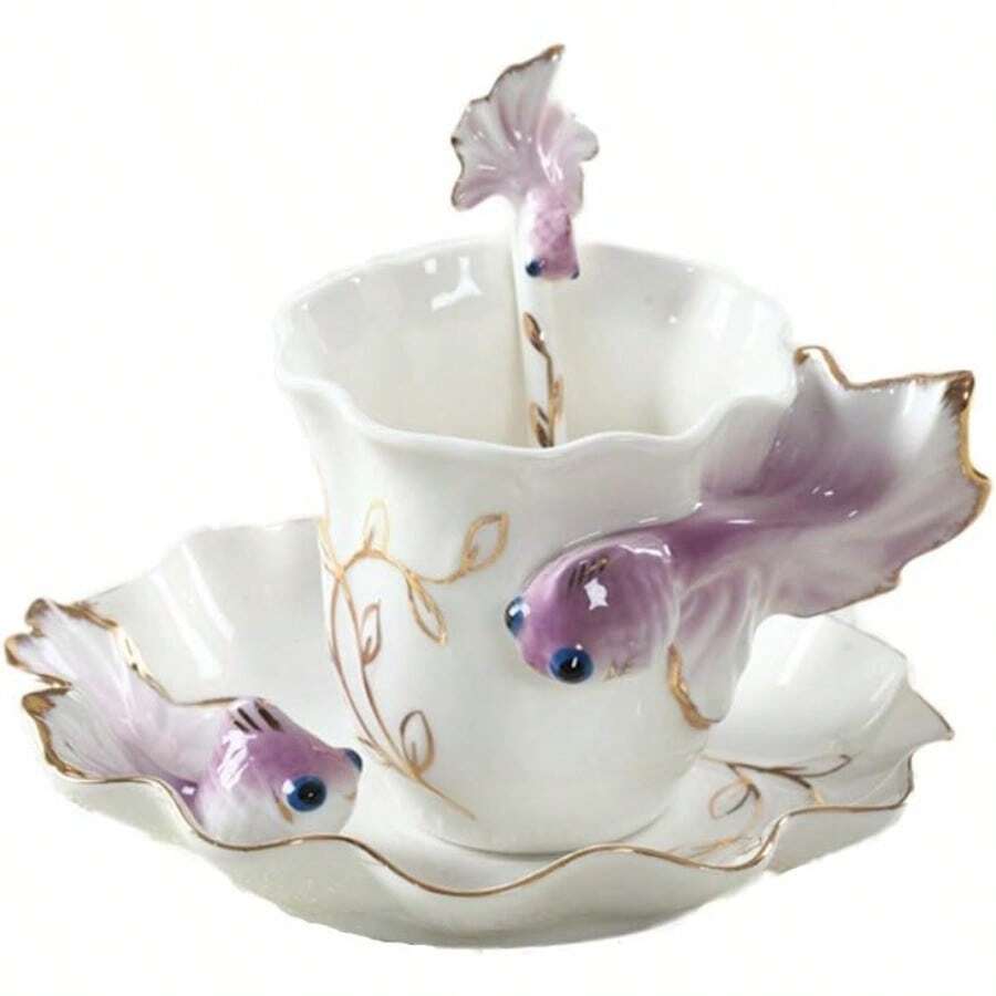 YU3D Goldfish Coffee Mugs Animal Rainbow Ceramic Mug Milk Teacup Afternoon Tea Cup And Saucer Set With Spoon PurpleYU - 紫色 - 查看 1