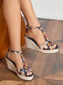 2025 Spring & Summer Women's Fashion New Straw Braided Strap Ankle Strap Wedge & Platform Peep Toe Sandals - Multicolor - View 1