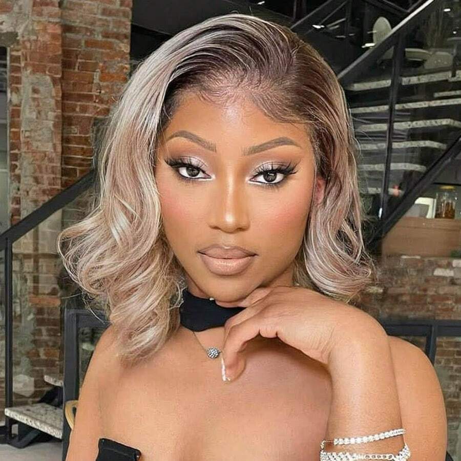 Ombre Milk Tea Blonde Bob Wig Human Hair Body Wave 200% Density Loose Wave 13x4 Hd Brown Roots With Ash Blonde Summer Bob Wig Pre Plucked With Baby Hair For Women 12 Inch01 - OmbreMilkTeaBlonde - View 1