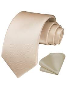 1set Tie & Pocket Square Set, Men's 3.15" Champagne Textured Necktie & Handkerchief Set, Formal Wedding Party Groom Tie Set, Solid Satin Woven Dyed Tie & Pocket Square Set - Champagne - View 13