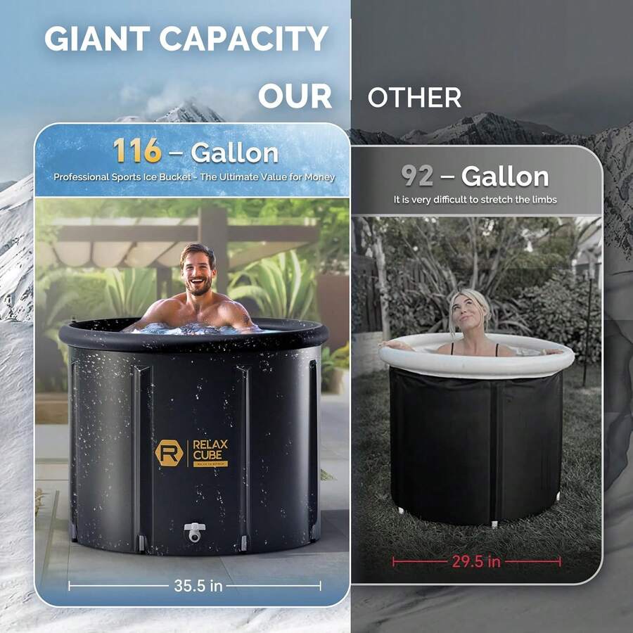 Bañera de hielo para atletas, tina de inmersión en agua fría XL de 116 galones para recuperación y terapia con agua fría, recipiente inflable con múltiples capas para hielo para uso en exteriores o en casa, color negro puro - Negro - Ver 1