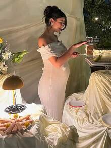 3D Floral Off Shoulder Dress Woman Strapless Pleated Solid Color Robes Sleeveless Elegant Fashion Slim Women's Long Maxi Dress - 綠色 - 查看 7