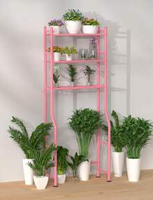 3-Tier Over The Toilet Storage, Freestanding Metal Bathroom Shelves With 4 Hooks, Over Toilet Storage Shelf With Paper Holder, Above The Toilet Shelf For Bathroom Storage, Pink - Pink - View 9