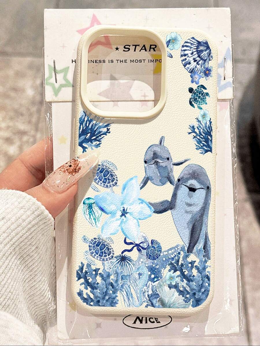 海洋 1 件简约鲸鲨与海浪印花防水防震防滑软手机壳，兼容苹果和手机 - 彩色 - 查看 1