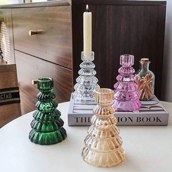 1pc Transparent Glass Christmas Tree Candle Holder, Christmas Holiday Home & Outdoor Decor, Dining Table Centerpiece