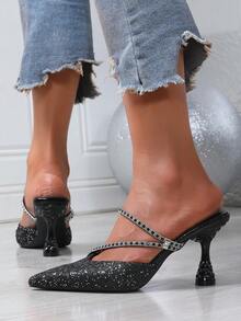 Spring/Summer Pointed Toe Rhinestone Sequins Stiletto High Heel Mule Sandals, Slip-On Party Rhinestone Embellished High Heels For Women