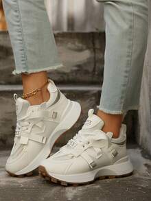 Women Casual Lace-Up Round Toe Sneakers, Low-Top, Outdoor/Skateboard Shoes, Student Shoes, Walking/Running, Suitable For All Seasons, White Shoes - White - View 7