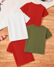 Set de 4 camisetas de T-Rex para niño de manga corta con cuello redondo, estampado de dinosaurios T-Rex, tela tipo algodón, suaves y frescas, ideales para verano, escuela, juegos al aire libre, parque, salidas casuales. Conjunto de Playeras niño Tiranosaurio Rex para edades de 3 a 7 años. - Multicolor - Ver 2
