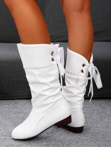 Sznurowane kokardki krótkie, czarne płaskie buty do połowy łydki, eleganckie słodkie buty, krótkie sznurowane buty, jednolity kolor syntetycznej skóry, płaskie podwyższone wygodne codzienne skórzane buty, grube kalosze na obcasie, damskie kalosze, buty, niski obcas 2025 jesień/zima nowe grube dno wodoodporne krótkie buty na platformie, duże buty z marszczeniami, damskie buty na kwadratowym obcasie, eleganckie okrągłe noski wygodne uniwersalne słodkie białe buty