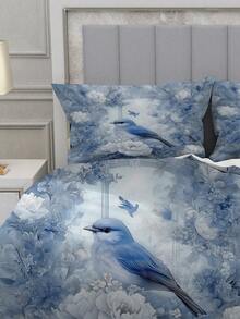 2/3件套蓝色花卉鸟图案床单套装 - 卧室系列，含1个羽绒被套和1-2个枕套，特大号床罩，床单，柔软亲肤涤纶面料，可机洗，干洗。适用于家居和卧室装饰、房间装饰、双人床上用品、房间装饰用品。