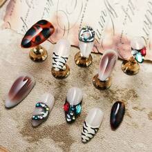 Handmade Original Retro-Style Gem Press-On Nails - Medium Almond Self-Adhesive Reusable Artificial Nails. Versatile For Music Festivals, Stage Performances, Daily & Holiday Wear. Convenient Stylish False Nails. - 咖啡棕 - 查看 12