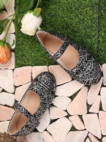 1 Pair Black Toddler/Little Girls' Silver Print Soft PU Leather Mary Jane Flats, Round Toe, Hook And Loop Strap, TPR Anti-Slip Sole, Bohemian Princess Casual Shoes, Suitable For 1-12 Years Old Students, Suitable For Parties, Dancing, Daily Wear In Spring, Autumn And All Seasons