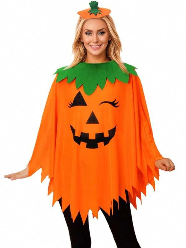 1 Stück Frauen Halloween Kürbis Kostüm, Erwachsenen Kürbis Umhang Haarreif Frauen Halloween Kostüm Set