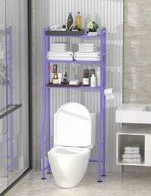 3-Tier Over The Toilet Storage, Freestanding Metal Bathroom Shelves With 4 Hooks, Over Toilet Storage Shelf With Paper Holder, Above The Toilet Shelf For Bathroom Storage, Purple - 紫色 - 查看 2
