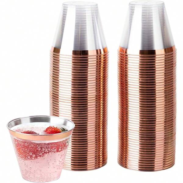 100pcs Rose Gold Edge Cups, Available In 270ml And 300ml, Clear Flat Bottom Cups With Elegant Rose Gold Rim, Suitable For Weddings, Thanksgiving, Christmas
