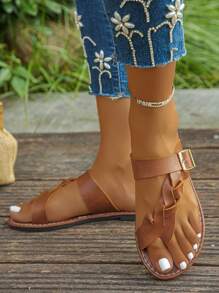 1 par de cómodas sandalias planas de tejido tipo slip-on para niñas jóvenes, antideslizantes, versátiles, aptas para uso exterior en verano