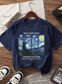 1 pieza Camiseta de manga corta con patrón de estrella para niña preadolescente, ropa juvenil cómoda y de moda, Top de verano para niñas
