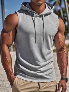 GRDR Men's Casual Solid Color Drawstring Hooded Tank Top, Summer - Light Grey - View 2