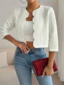 Women Casual Solid Color Short Jacket, 3/4 Sleeve Spring Autumn Lightweight Coat White - White - View 2