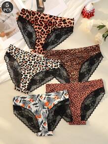 5 piezas de bragas para mujer con estampado de leopardo y encaje, ropa interior cómoda, transpirable y de ajuste ceñido, adecuada para todas las estaciones y uso diario