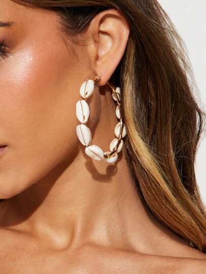 1 Pair Bohemian Handwoven C Shape Shell Hoop Earrings, Suitable For Holiday Travel Wear