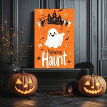 1 Piece,Retro Halloween Cute Ghost With Font 'Halloween Haunt', Modern Frameless Art Decoration Painting, Printed Posters Mural, Waterproof Canvas,Suitable For Home, Office, Bedroom, Living Room, Study, Bathroom, Bar, Wall Arts And Home Decoration, Is An Ideal Holiday GiftV