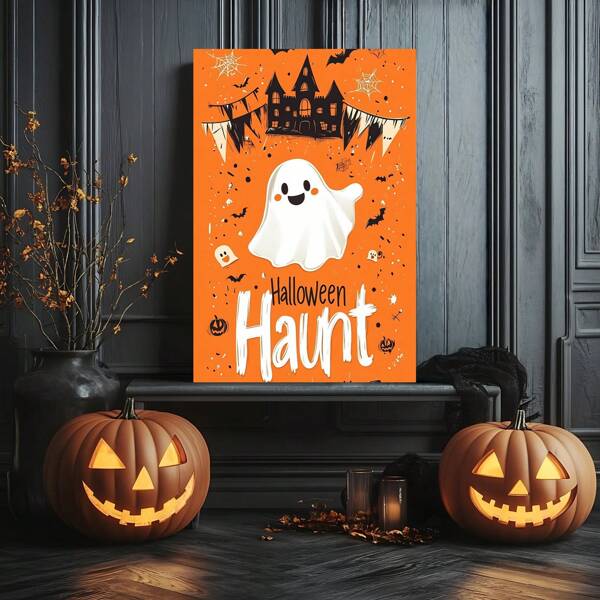 1 Piece,Retro Halloween Cute Ghost With Font 'Halloween Haunt', Modern Frameless Art Decoration Painting, Printed Posters Mural, Waterproof Canvas,Suitable For Home, Office, Bedroom, Living Room, Study, Bathroom, Bar, Wall Arts And Home Decoration, Is An Ideal Holiday GiftV