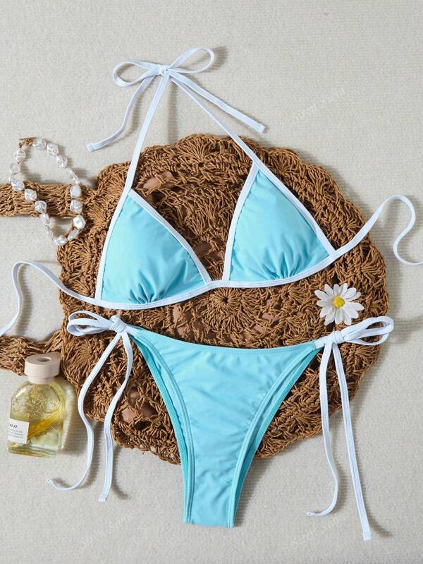 2 piezas Bikini de color liso elegante con lazo trasero sin espalda, adecuado para escenario, concierto, playa, vacaciones, boda, fiesta en verano