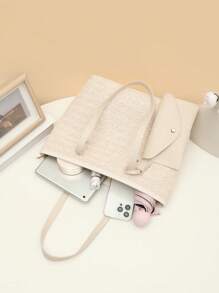 1pc Large Capacity Shoulder Bag, Beach Bag, Straw Bag, Shopping Bag, Women's Tote, PU Splicing Straw Beige Women's Handbag, Fashion Minimalist Commuter Vacation Tote