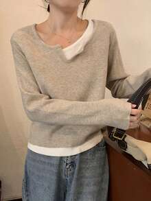 韩式撞色二合一针织毛衣 - 杏色 - 查看 1