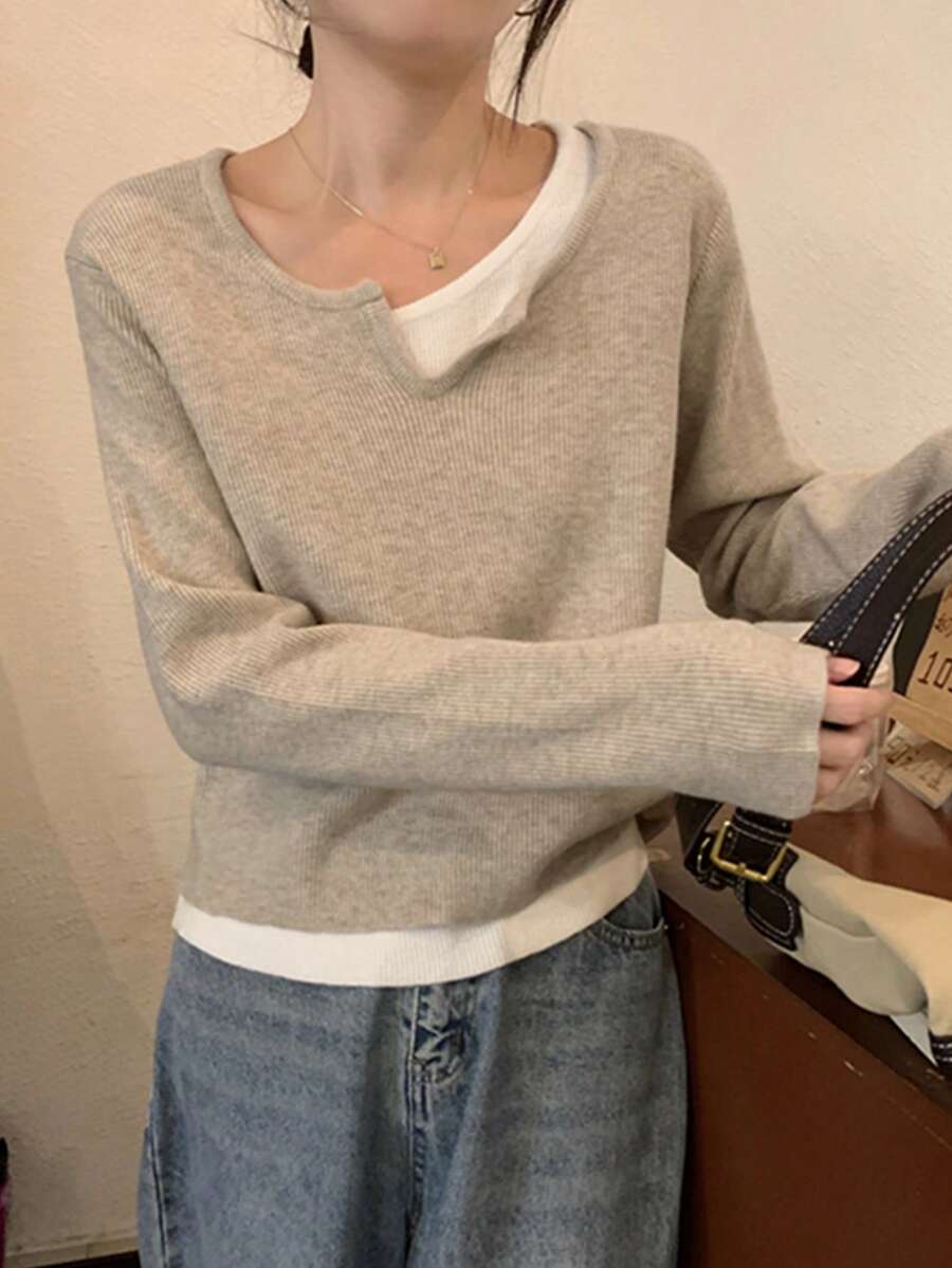 韩式撞色二合一针织毛衣 - 杏色 - 查看 1