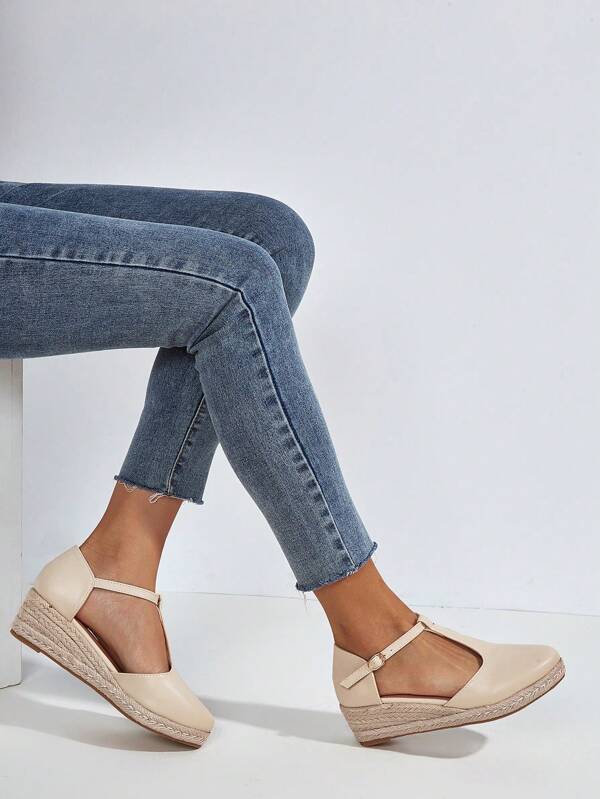 New Design Women Straw Sole Wedge Sandal, Beige High Quality Leather T-Strap Buckle Closure, Lightweight & Comfortable, Retro Style, Versatile Casual Vacation, Non-Slip, Thick Bottom Wedge Heel, All Season Wear