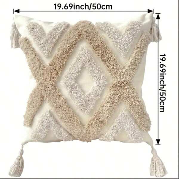 Handmade Boho Shaggy Pillow Case - Geometric Diamond Pattern With Tassels, Zipper Closure, Neutral Textured Decorative Cushion Cover Suitable For Sofa, Bed (Inner Pillow Not Included), Sofa Accent Pillow, Tassel Decor, Soft Fabric