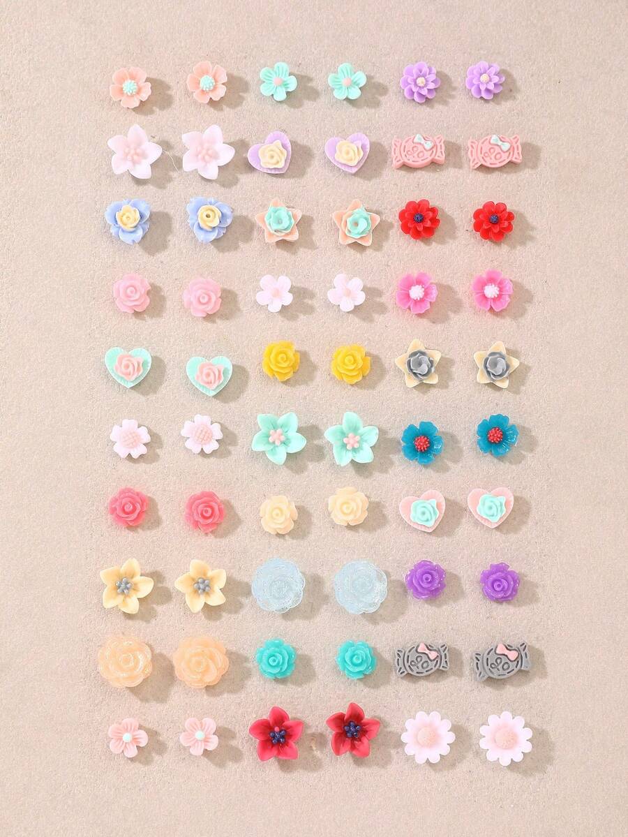 30pcs/Set Fashionable Star, Flower, Heart, Bow Decor Metal Rhinestone Studs Earrings Jewelry Set, Sweet Gift For Best Friends - Multicolor - View 1