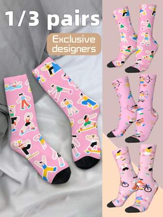 1/3 Pairs Couple Matching Gymnastics Print Socks | Stylish Gymnastics Pattern Socks, Comfort And Breathable For Sports And Casual Wear