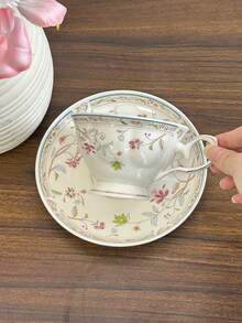 1 Set English Style Ceramic Coffee Cup & Saucer Set, Floral Coffee Cups & Saucers, High-Quality Mugs, Home Afternoon Tea/Coffee Cups, Girly Coffee Cup & Saucer Set, Breakfast Milk Cup, Water Cup, Holiday Gift Back To School - Multicolor - View 6