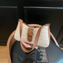 Bolso de hombro de gran capacidad con decoración de arcoíris de paja de primavera, diseño cuadrado minimalista para mujeres