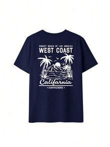 Summer Tops Mother's DayWomen's New Summer Casual Round Neck Short Sleeve T-Shirt, Simple Versatile Palm Tree Slogan Print, Suitable For Daily Wear. Graphic Tee, Women's T-Shirt Top Vacation.Loose And Comfortablesummer Clothes Easter - 藏蓝色 - 查看 3