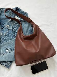 Coffee/Black Solid Color PU Large Capacity Magnetic Closure Casual Fashion Shoulder Tote Bag, Suitable For Daily Use By Girls - Coffee Brown - View 8