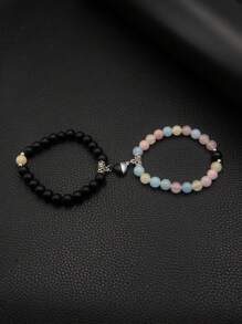 2pcs/Set Magnetic Heart Couple Bracelets, Bead Bracelet, Versatile Colors & Styles Suitable For Daily Wear, Parties, Great Gift For Boyfriend