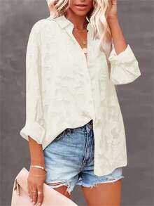 Women Elegant Long Sleeve Collared Textured Button Shirt Blouse, Suitable For Spring/Autumn - Beige - View 6
