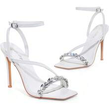Women's Crystal Stilettos Heeled Sandals, 4 Inch Square Open Toe Strappy Sexy High Heels Ankle Strap Buckle Heels For Party Wedding Dress Daily Wear Shoes - Black Rhinestone - View 10