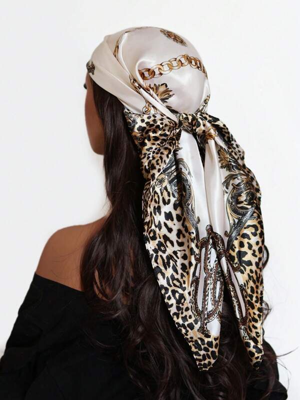 1 peça cachecol feminino com estampa de leopardo para áreas externas de 90 x 90 cm, xale tipo seda da moda, lenço de pescoço, lenço, touca, faixa de cabelo, keffiyeh, hijab, babushka, bandana superior, faixa de cabelo, faixa de cabeça, ideal para dar um toque especial ao seu visual