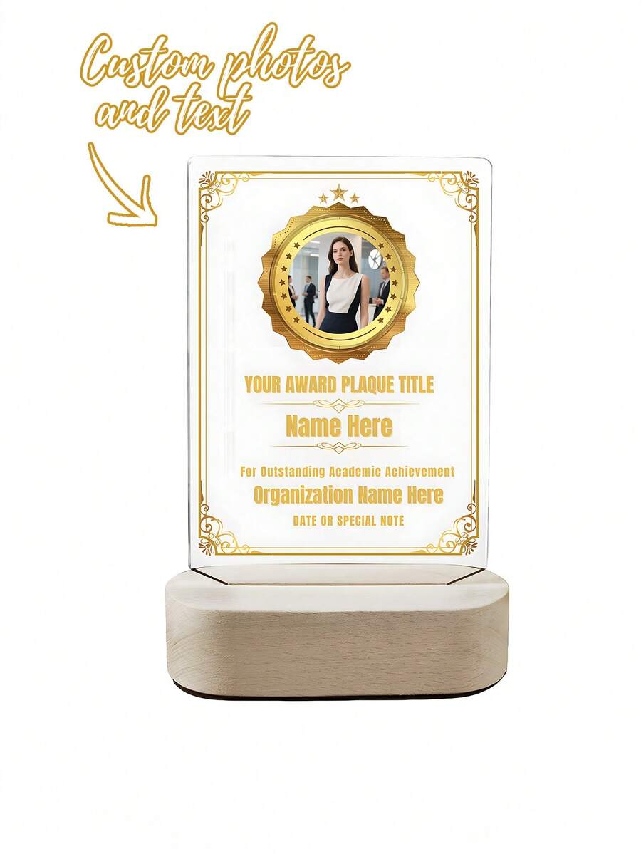 [2D Acrylic Award Plaque] - 8 Styles Available, Customizable Text, Name And Photo - With Wooden Base, Suitable For Employee Recognition, Retirement And Other Occasions - Customized Award For Employees, Colleagues And Friends - Multicolor - View 1