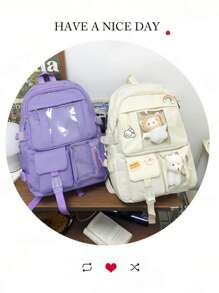 1PC Cute Kawaii Simple Solid Color Backpack Classic Basic Large Capcity School Bag New School Season Cute Cartoon Fashion Girl Backpack, Multi-Pocket Multi-Function Bear Pendant Is Very Suitable For Traveling And School Backpack, Suitable For Back To School Season,Large Capacity. Give Gifts To Friends, Back To School, School, Travel, Shopping, For Outdoor Daily Use.