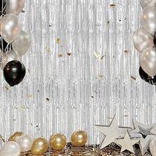 3 piezas Cortinas de flecos de aluminio metalizado, telón de fondo plateado y dorado para fotomatón de fiesta, cumpleaños, boda, compromiso, despedida de soltera, homecoming, Acción de Gracias, decoración navideña