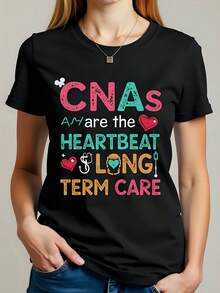 Camiseta de  con estampado CNAs algodón 180g cuello redondo manga corta casual perfecta para primavera  moda diaria cuidado personal regalo sanitario - Negro - Ver 1