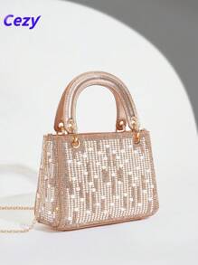Cezy Nuevo bolso de mano de fiesta de alta gama en color champán, bolso de mano/hombro versátil con perlas, elegante regalo para la temporada de bodas y para la madre