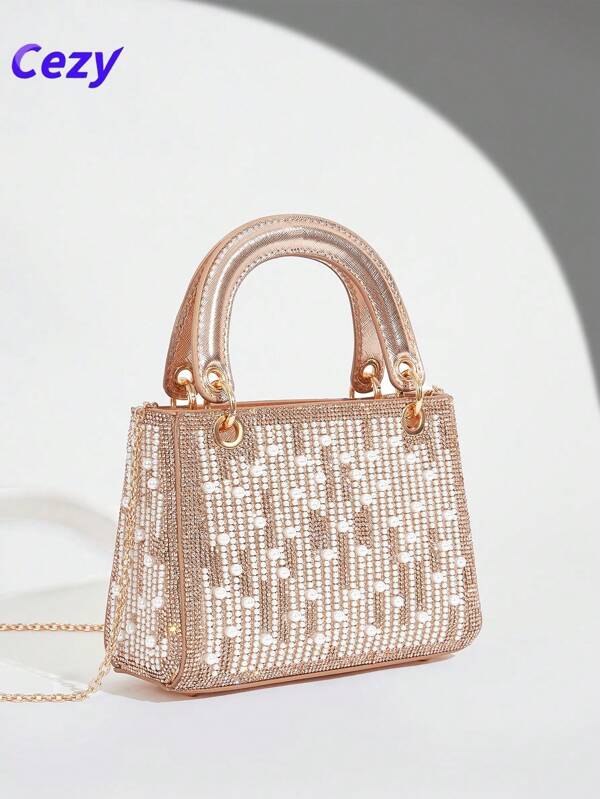 Cezy Nuevo bolso de mano de fiesta de alta gama en color champán, bolso de mano/hombro versátil con perlas, elegante regalo para la temporada de bodas y para la madre